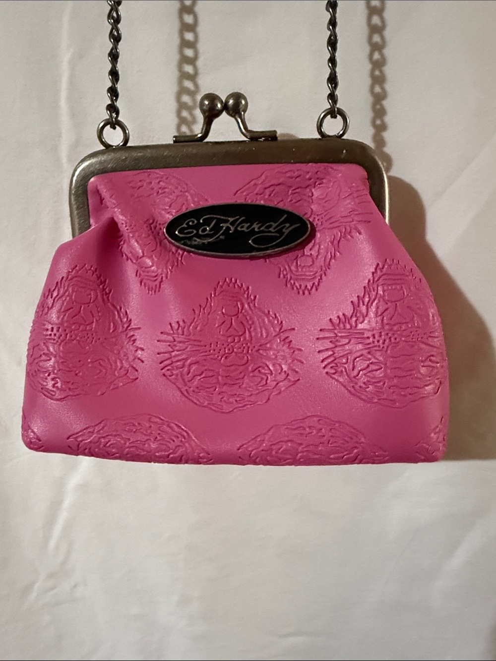 Ed Hardy Hot Pink Embossed Kiss-Lock Chain Shoulder Bag